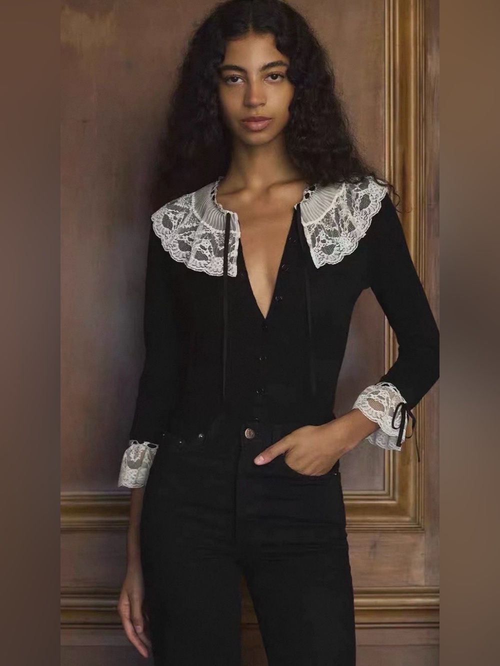 Doen Emilienne Button Up Cardigan with Ivory Lace Trim